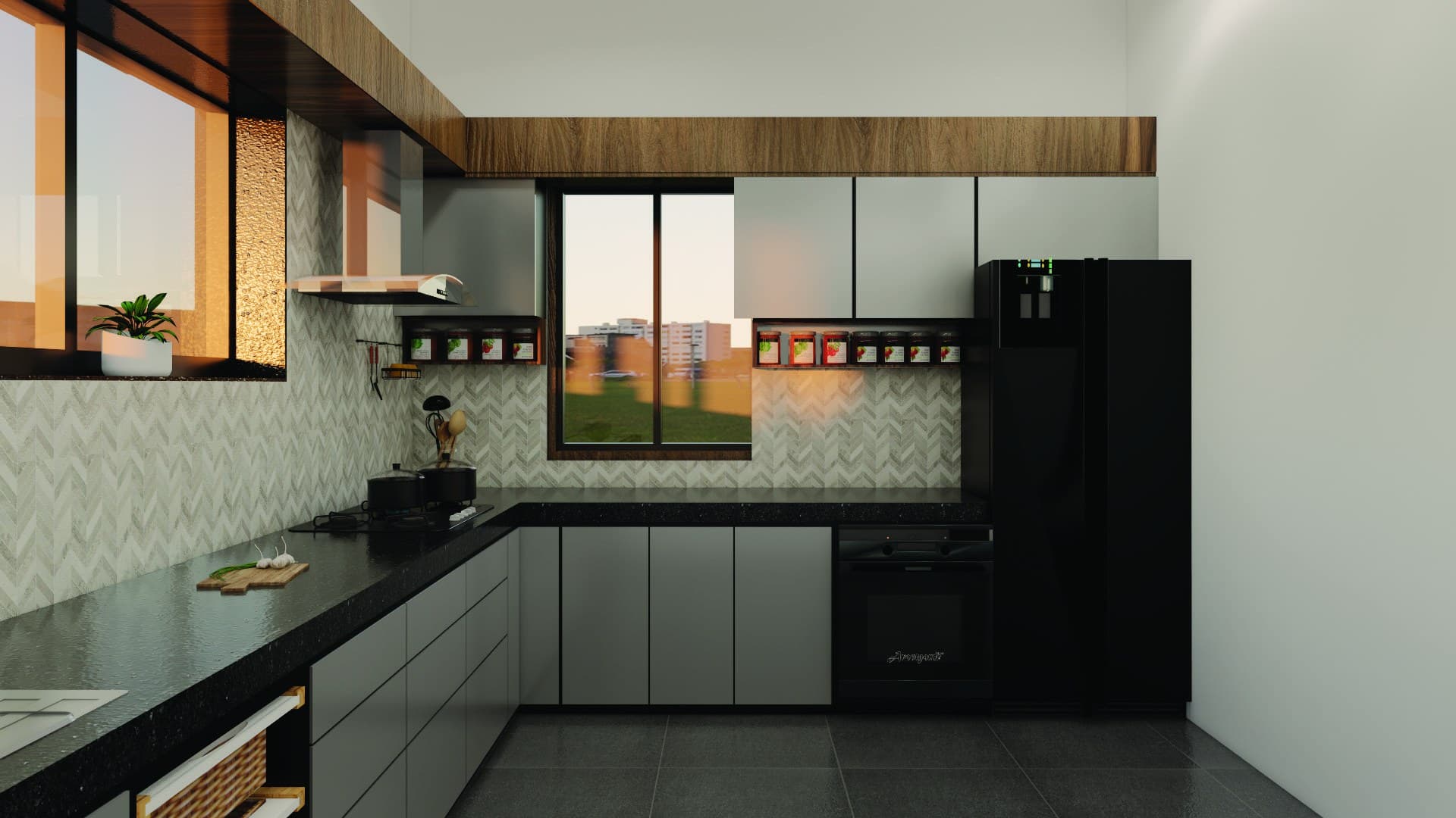 Modular kitchen provision with jet black granite countertop